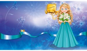 Golden hair princess in a teal dress holds tulips against a blue floral silhouette