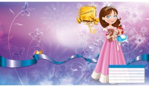 Brown hair princess in a pink dress holds toys against a purple floral silhouette