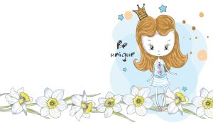 Unique princess in a blue dress stands on pastel flowers on a white backdrop