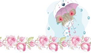 Girl with an umbrella walks in the rain on pastel flowers on a white backdrop
