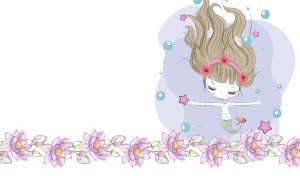 Little mermaid with a green tail swims on a white backdrop with a floral pattern