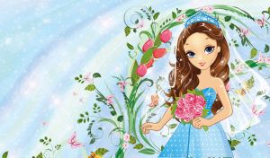 A brown-haired girl with a tiara on a pastel blue backdrop with myriad stars