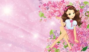 A brown-haired girl in a white blouse on pastel pink backdrop with myriad stars