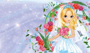 A blonde in a light blue dress on a pastel violet backdrop with myriad stars