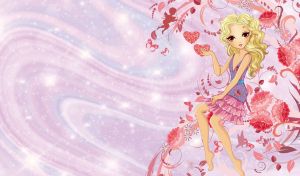 A light blonde in a purple dress on a pastel purple backdrop with myriad stars