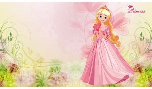 Blonde fairy princess in a pink dress on a pastel pink-green floral backdrop