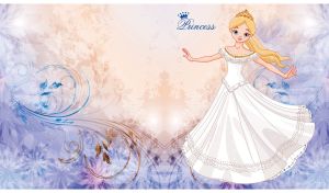 Blonde fairy princess in a white dress on a pastel beige-violet floral backdrop