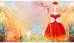 Blonde fairy princess in a red dress on a pastel orange-pink floral backdrop