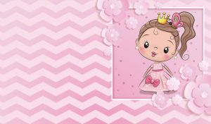 A cartoon girl in a crown against pastel fuchsia zigzag waves and flowers