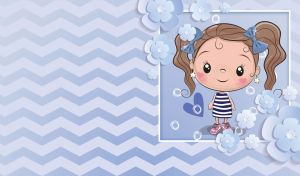 A cartoon girl in a striped dress against pastel navy zigzag waves and flowers