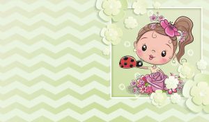 A cartoon girl with a ladybug against pastel green zigzag waves and flowers