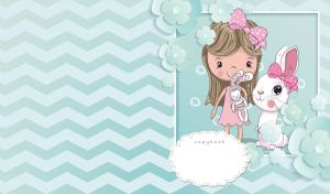 A cartoon girl with white bunnies against pastel teal zigzag waves and flowers
