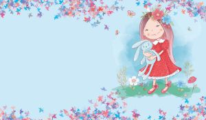 A girl in a red dress holds a stuffed bunny toy on pastel blue