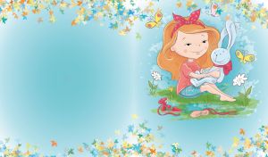 A redhead girl on a lawn holds a stuffed bunny toy on pastel blue