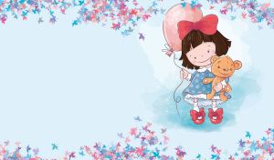 A girl in a blue dress holds a red balloon and a teddy bear on pastel blue