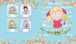 A blonde girl in a red polka dot dress holds a lollipop on pastel blue