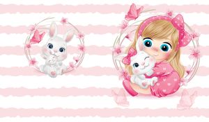 Blonde girl with a polka dot headband a bunny on pastel pink and white stripes