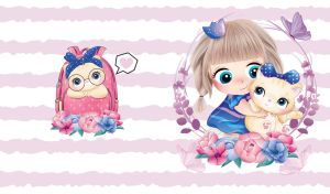 Ash blonde girl in a crown holds a kitty on pastel purple and white stripes