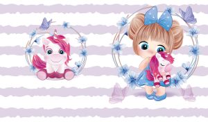 Golden blonde girl with a bow holds a unicorn on pastel violet and white stripes