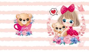 Light blonde girl with a bow holds a teddy bear on pastel peach and white stripes