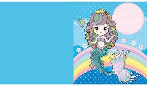 Cartoon mermaid sits against a rainbow in her light blue sea kingdom