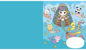 Cartoon mermaid with a wand among friends in her light blue underwater kingdom