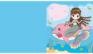 Cartoon mermaid rides a pink dolphin in her light blue underwater kingdom