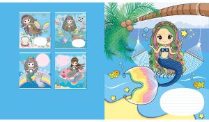 Cartoon mermaid sits under a palm tree in her light blue sea kingdom