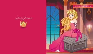 A cartoon princess in a pink dress in a castle chamber on a pink-red backdrop