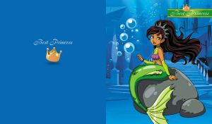 A cartoon mermaid princess with a green tail underwater on a blue backdrop