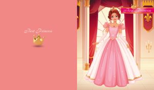 A cartoon princess in a pink ball gown in a castle hall on a pink-beige backdrop
