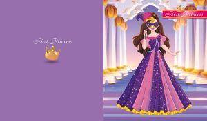 A cartoon princess in masquerade mask stands in royal hall on a violet backdrop