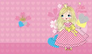 Little blonde princess in a polka dot dress on a pink heart patterned backdrop