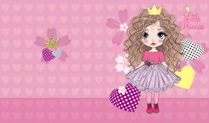 Little curly princess in a purple tutu on a pink heart patterned backdrop