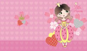 Little brown-haired princess in a ball gown on a pink heart patterned backdrop