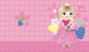 Little blonde princess with a bouquet on a pink heart patterned backdrop