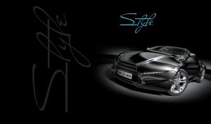 Stylish matte black supercar with tinted windows in the spotlight on black