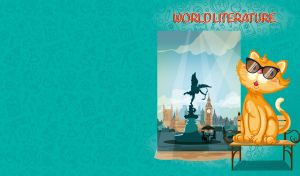 A red cartoon cat student in World Literature class against a teal backdrop