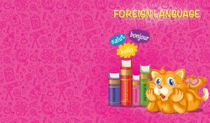 A red cartoon cat student in Foreign Language class against a fuchsia backdrop