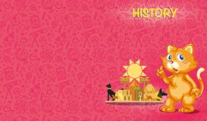 A red cartoon cat student in History class against a red-pink backdrop