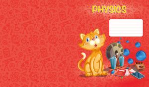 A red cartoon cat student in Physics class against a red backdrop