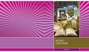 World Literature notebook with books and hills on a dark fuchsia sunburst cover