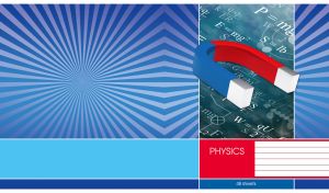 Physics notebook with a magnet and formulas set on a navy blue sunburst cover