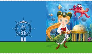 Female pirate and a funny octopus underwater on a blue and green background