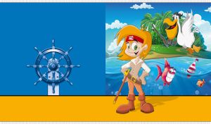 Funny pirate with a pelican by an island on a blue and ocher backdrop