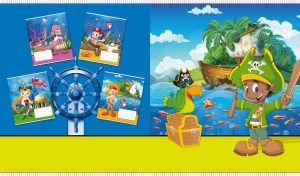 Funny pirate with a parrot on a treasure chest on a blue and lime backdrop