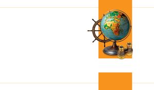 A wooden brown helm, a globe and a vintage binocular on an orange panel