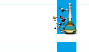 A molecular model and a chemical flask with a green substance on a blue panel