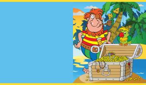 Cartoon pirate with a pipe and a parrot by a treasure chest on a tropical island