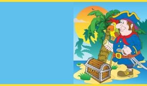 Cartoon captain pirate with a parrot by a treasure chest on a tropical island